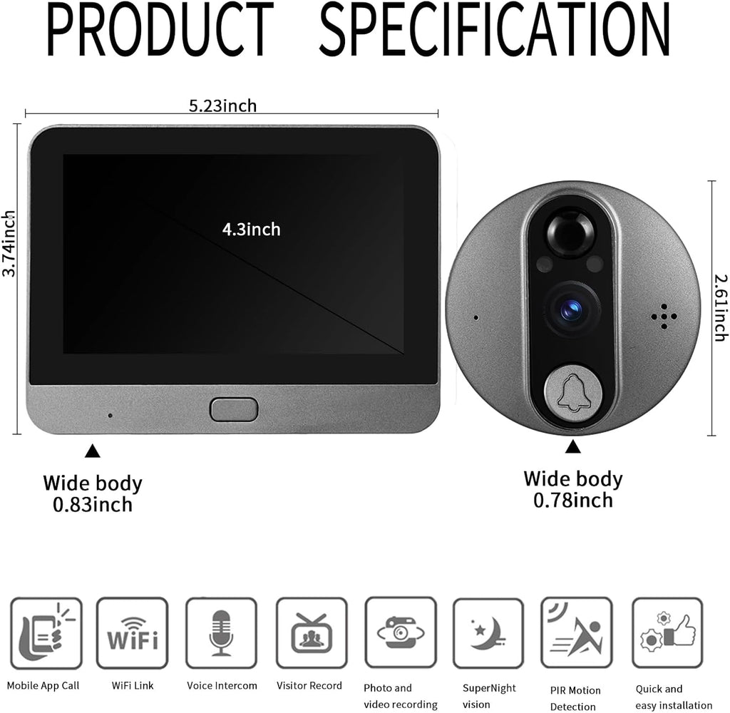 Cawhun Peephole Camera WiFi Doorbell with 4.3' LCD Smart Door Viewer – 1080P | 120° View, Night Vision, Motion Alerts & 2-Way Talk | Security Door Viewer for Homes/Apts via Smart Life App