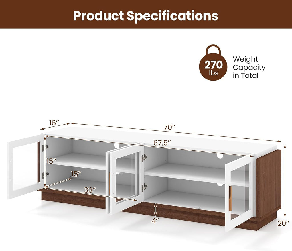 Giantex Large TV Stand for TVs up to 75', Entertainment Center with 4 Tempered Glass Doors, 2 Adjustable Shelf, 4 Cable Holes, Media Console, 70 x 16 x 20 Inches TV Cabinet for Bedroom, Living Room