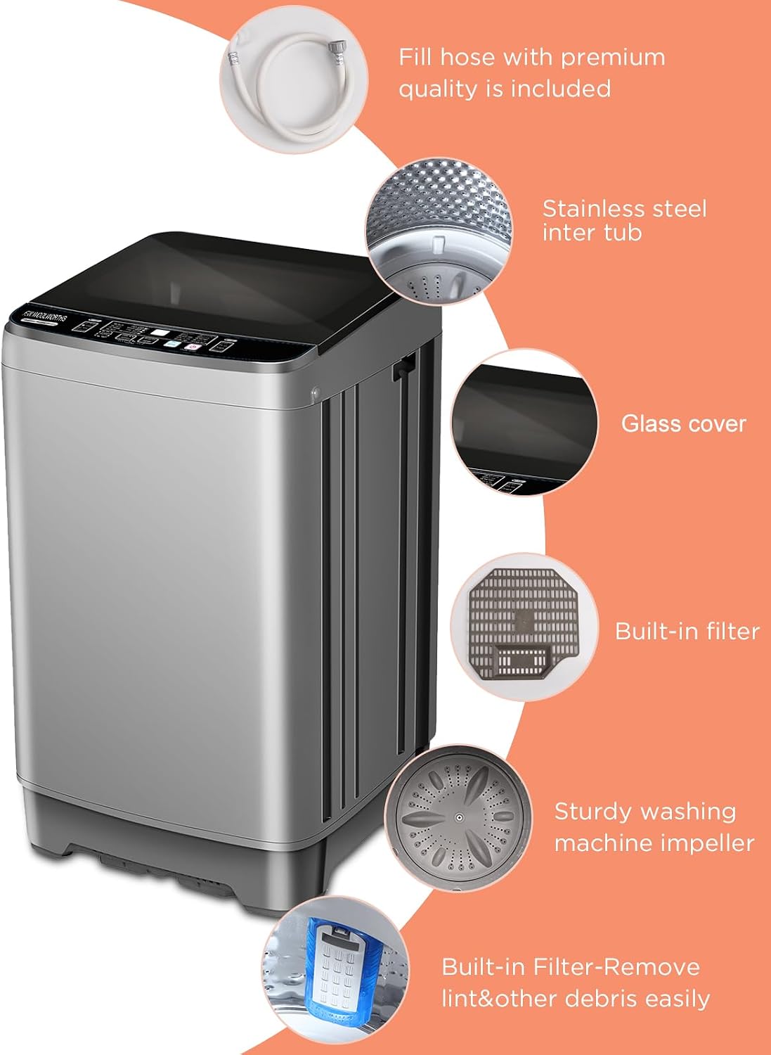 F.W.WOOLWORTHS 25 lbs Washing Machines with 10 Program 8 Water Level, Full Automatic Washer with Drain Pump & LED Display for Home, Apartment, Dorm, Grey