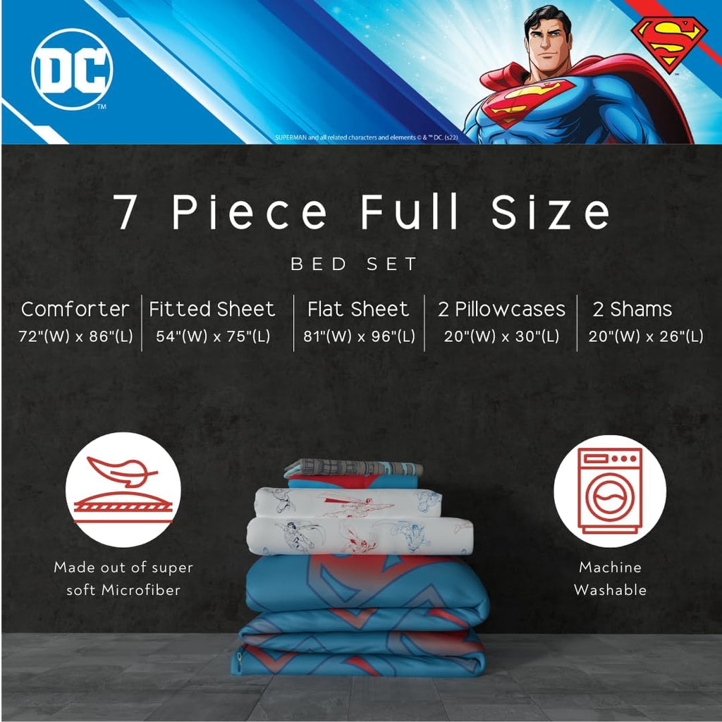 Franco Superman DC Comics Kids Bedding Super Soft & Cozy Reverisble Microfiber Comforter and Sheet Set with Sham, 7 Piece Full Size, (Officially Licensed Product) (Pack of 4)
