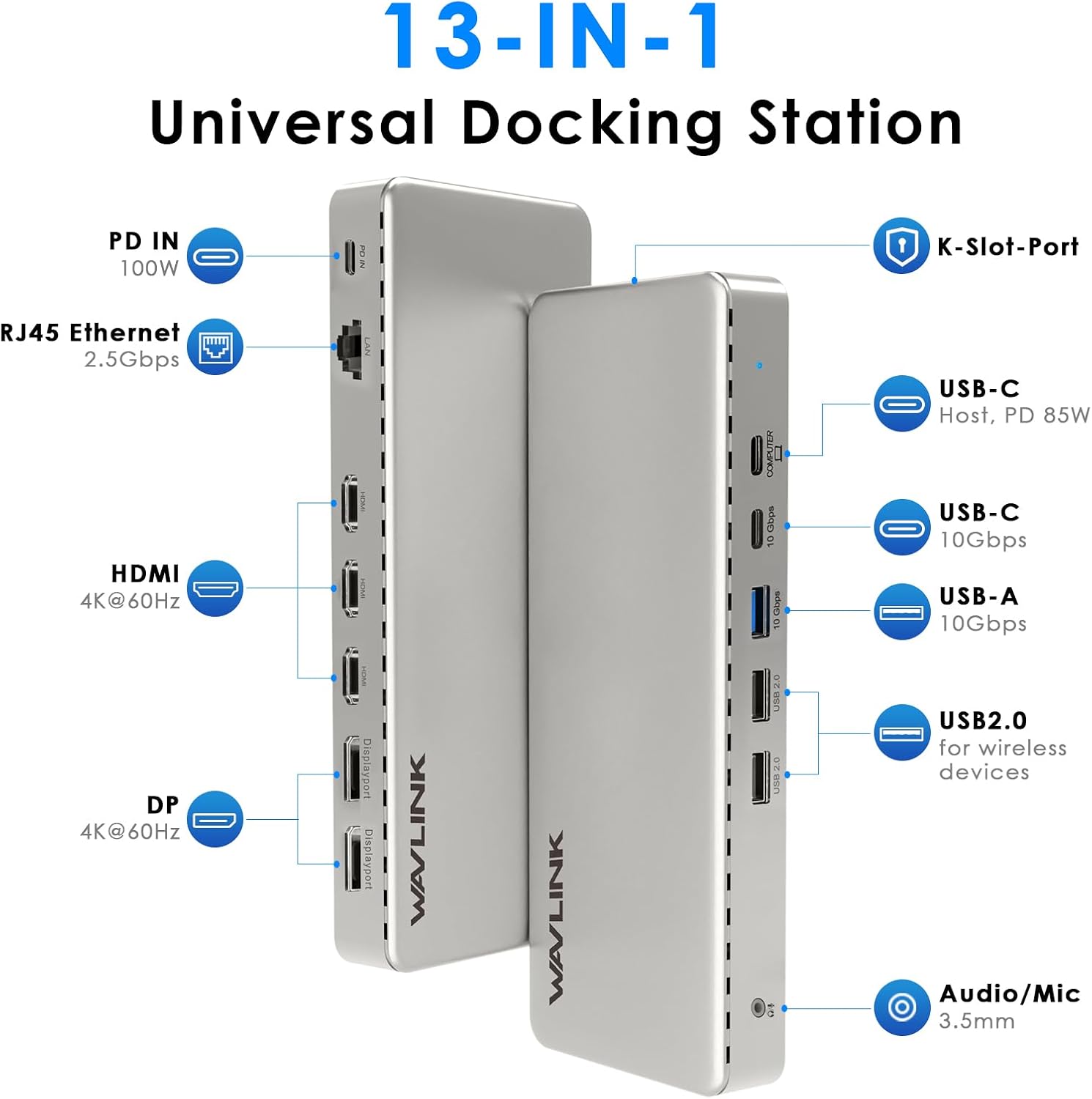 Docking Station 3 Monitors,WAVLINK SM770 Docking Station with Triple HDMI, Dual DP, 100W PD in,10Gb USB A&C,2.5G Ethernet,Compatible with MacBook Neo/Mac OS, SMI Driver & Host USB3.2 Gen 2 Required