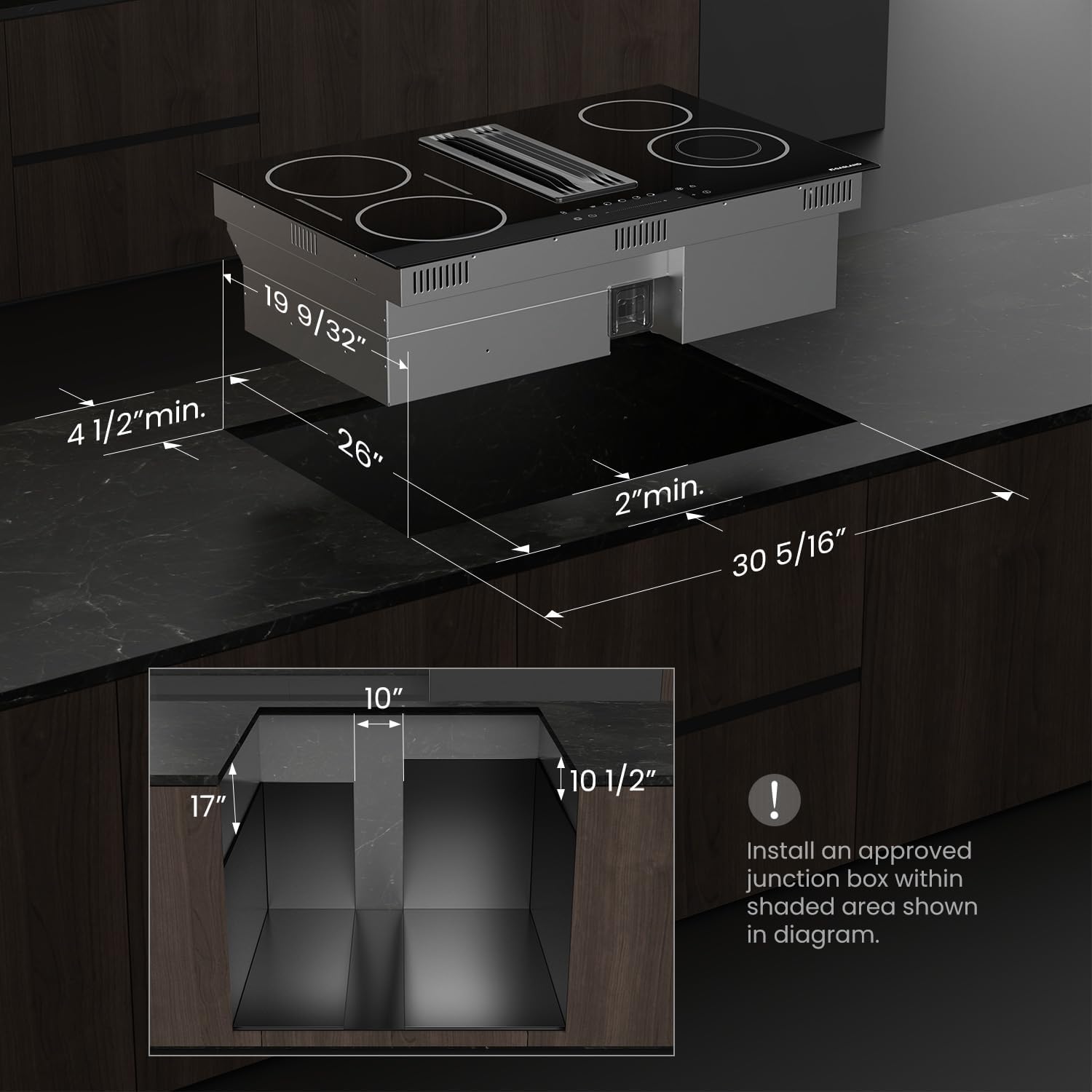 GASLAND 31.5 Inch Electric Cooktop with Downdraft Exhaust, 4 Burners 80cm Glass Radiant Stovetop 220V, 3-speed Max. 330 CFM Downdraft Vent