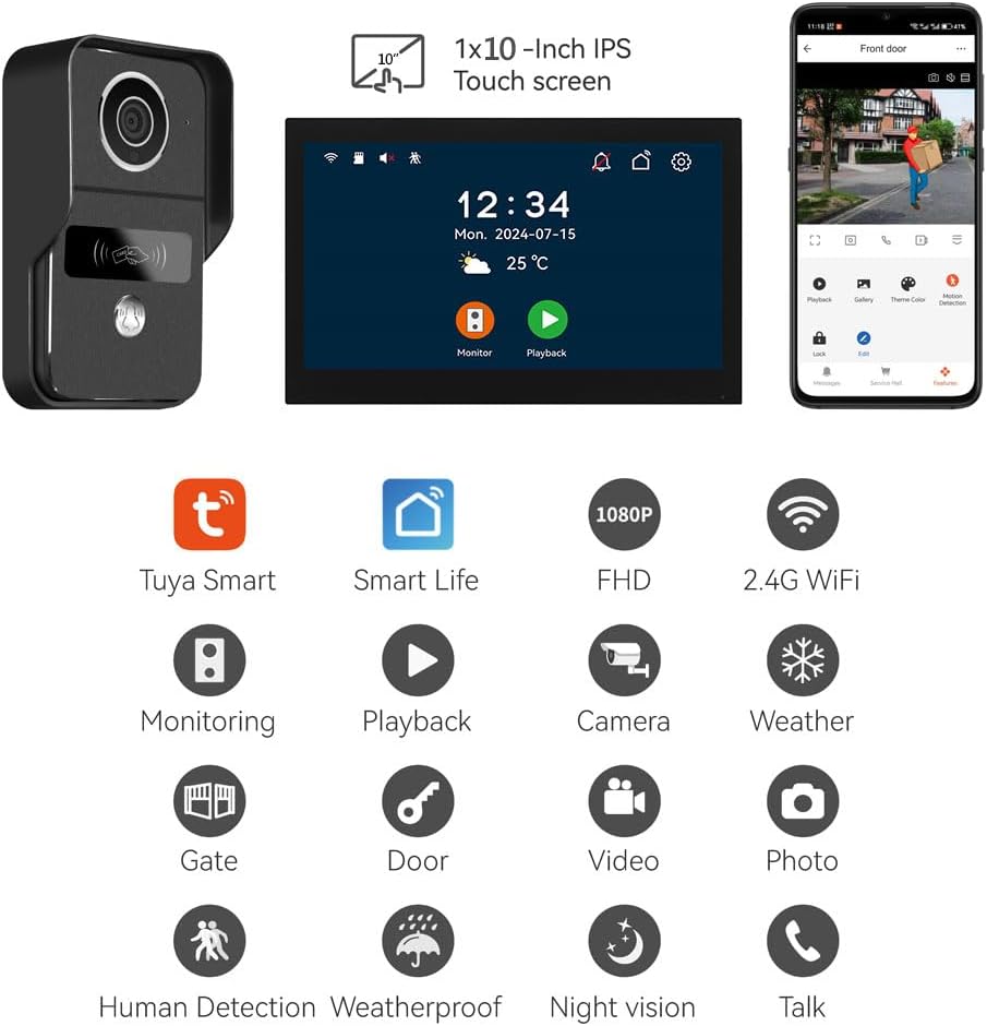 2pin-Wired 2MP HD Indoor 10' WiFi Monitor Smart Home Video Doorbell Intercom System, Remote APP Phone Unlock Video Record Motion Detect 2-Way Talk IR Camera Door Bell 1x doorbell + 1x 10in Monitor