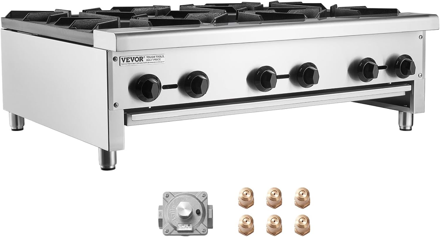 VEVOR Commercial Gas Stove with 6 Burners, Propane and Natural Gas Countertop Cooking Stove Range, Stainless Steel Gas Hot Plate, Commercial Cooking Equipment for Restaurant, 168,000 BTU