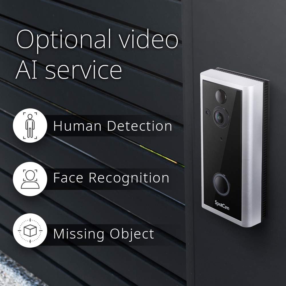 SpotCam Video Doorbell 2, Bluetooth and Wi-Fi Setup, Rechargeable Battery/AC/DC Powered, FHD 1080P, Two Way Audio, 180 Degree View Angle, Motion Detection, Digital Output,