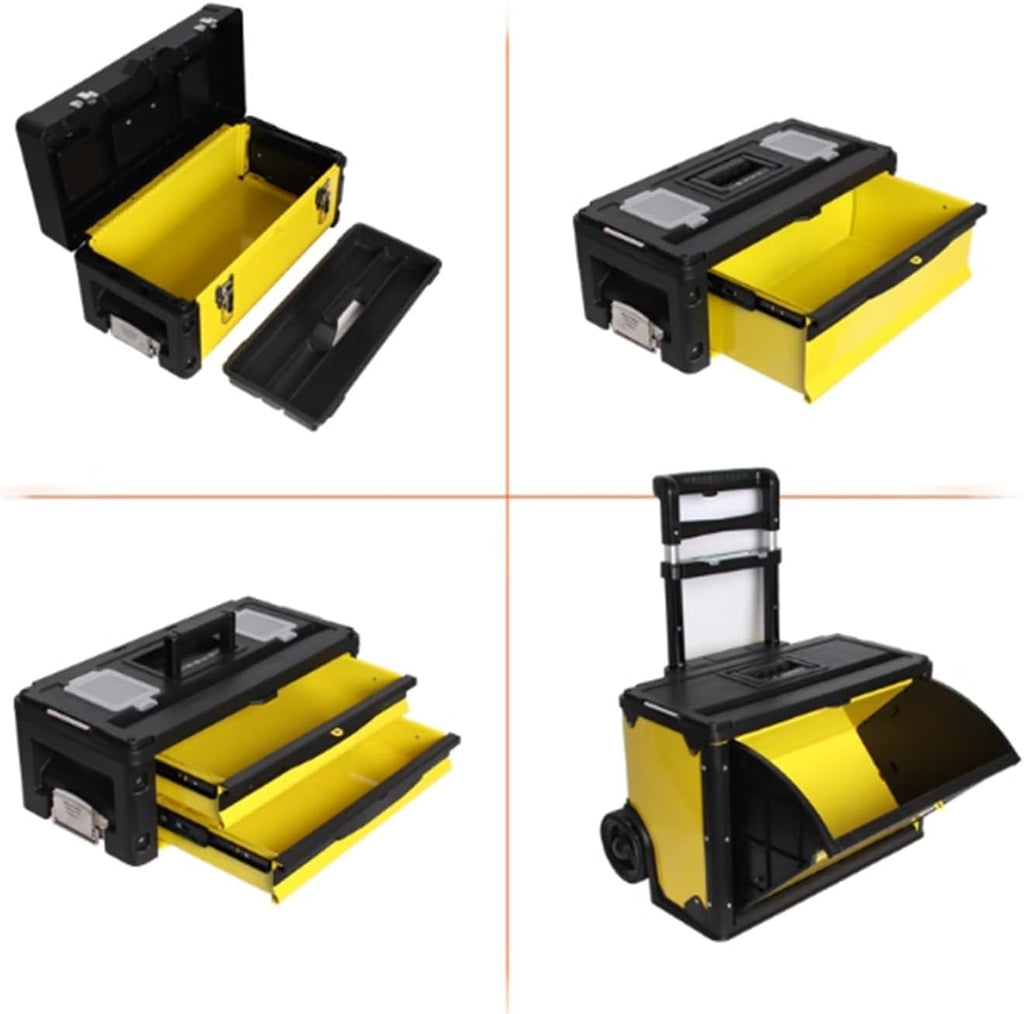 Four-Layer Combination Rolling Tool Box with Pull Handle and Detachable Toolbox, Multifunctional 4 Level Workstation Tool Storage (Black)