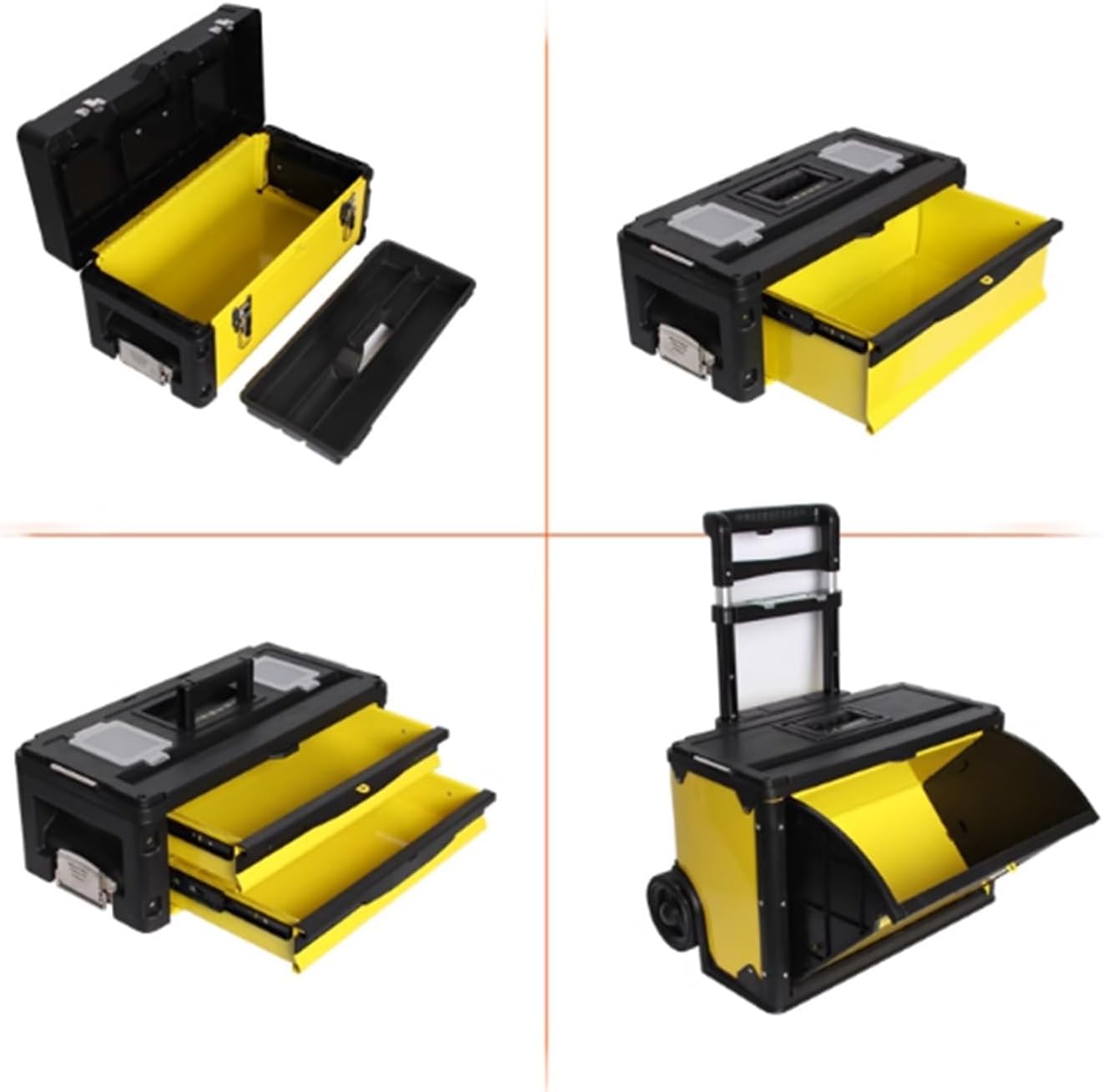 Four-Layer Combination Rolling Tool Box with Pull Handle and Detachable Toolbox, Multifunctional 4 Level Workstation Tool Storage (Black)
