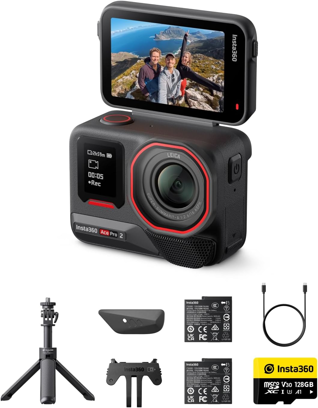 Insta360 Ace Pro 2 Get-Set Bundle Dual Battery - 8K Waterproof Action Camera Co-Engineered with Leica, 1/1.3' Sensor, Dual AI Chip, Leading Low Light, Superior Audio, Flip Screen & AI Editing