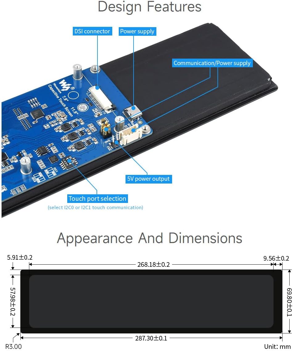 waveshare 11.9inch Capacitive Touch Display Compatible with Raspberry Pi 5/4B/3B/Zero/Zero W/Zero 2W/Pico/Pico W/Pico WH, 320×1480 Resolution IPS DSI Interface
