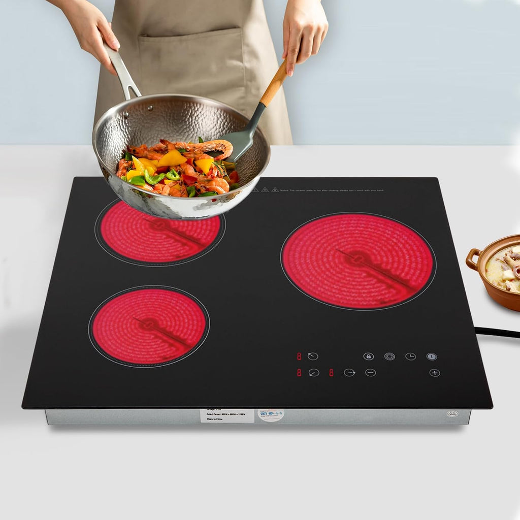 Electric Ceramic Cooktop, 3 Burners Radiant Electricing Stove Top with Plug, Child Safety Lock, Sensor Touch Control, 9 Heating Levels Cooker for Kitchen (3 Burners Electric Ceramic Cooktop)