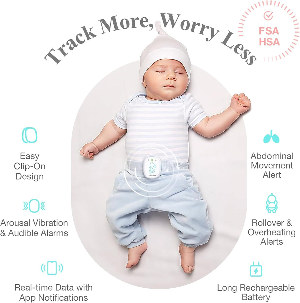 Sense-U Pro Baby Breathing Movement & Sleep Position Monitor with Gentle Vibration Alerts, Temperature Notifications, Audible & App Alerts, Sleep Analysis, Long Battery Life, Easy Clip-On Design