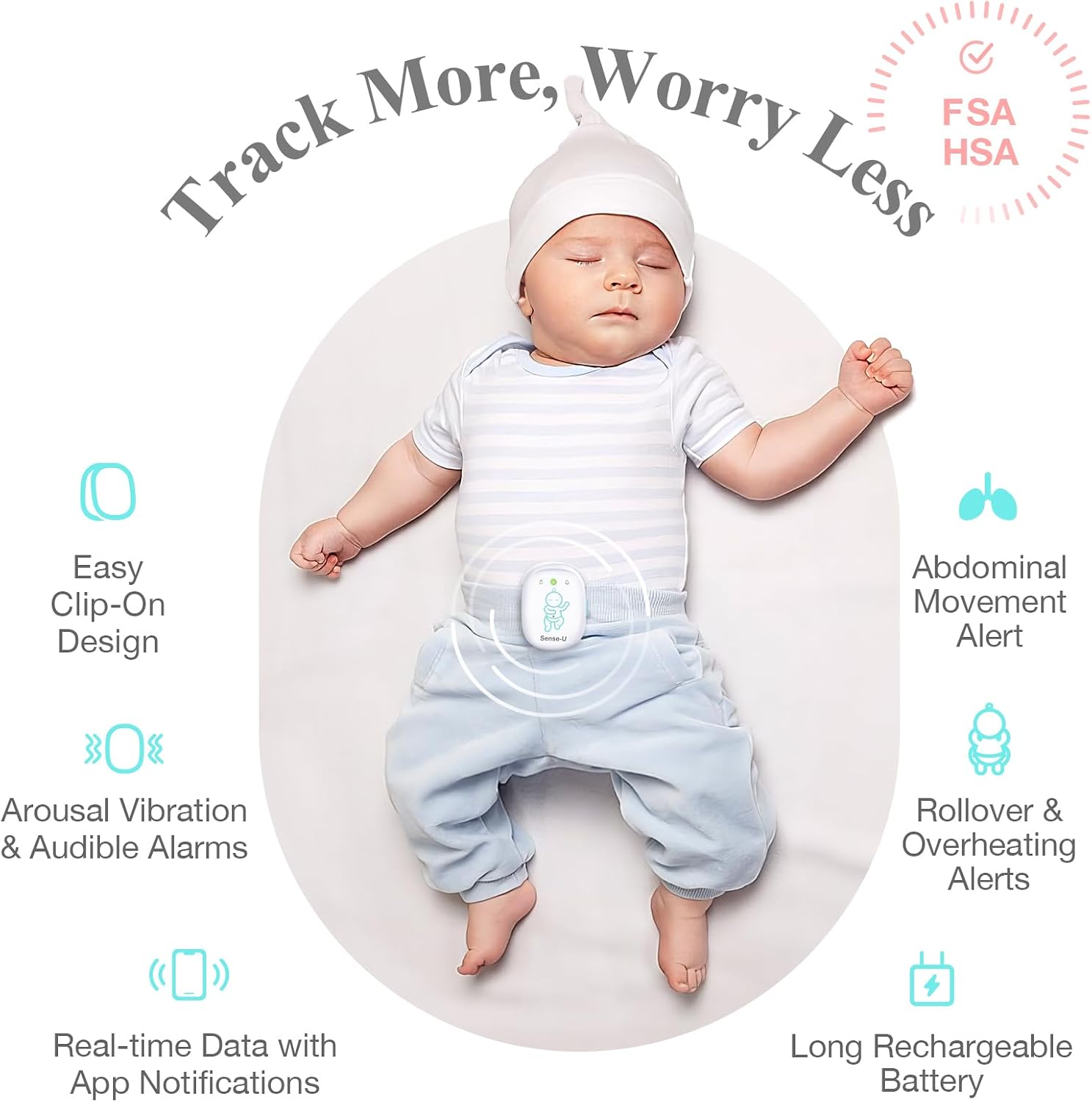 Sense-U Pro Baby Breathing Movement & Sleep Position Monitor with Gentle Vibration Alerts, Temperature Notifications, Audible & App Alerts, Sleep Analysis, Long Battery Life, Easy Clip-On Design