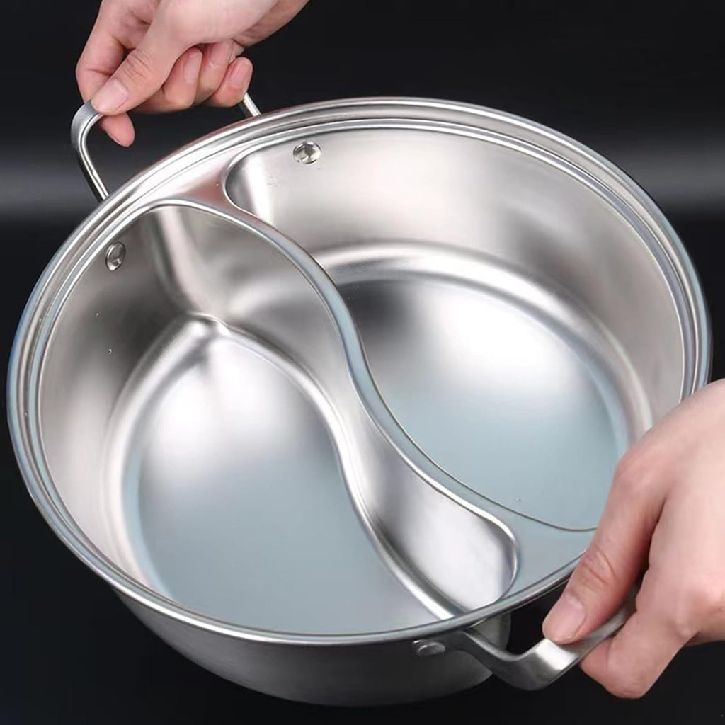 304 Food Grade Stainless Steel Dual-Sided Shabu Hot Pot - 28/30/32/34/36cm Double Flavor Pot Multicooker Soup Pot with Lid and Filter Basket for Induction Cooktop Gas Stove (32CM)