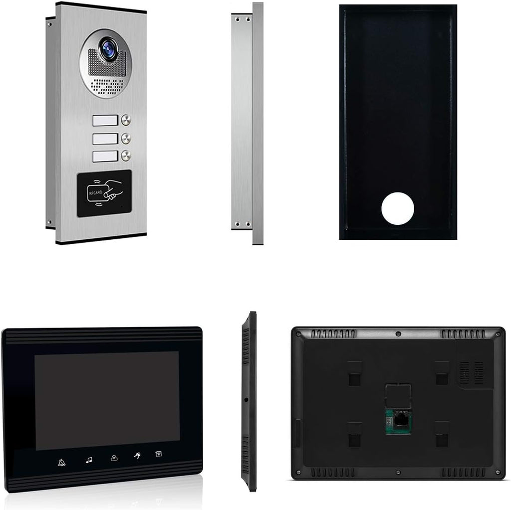 Upgrade Versions 3 Units Apartment Intercom System 7 inch Touch Monitor Video Door Phone Kits Support Ethernet Cable Connect, Single-Supply, ID Keyfobs Unlock for Home Apartment