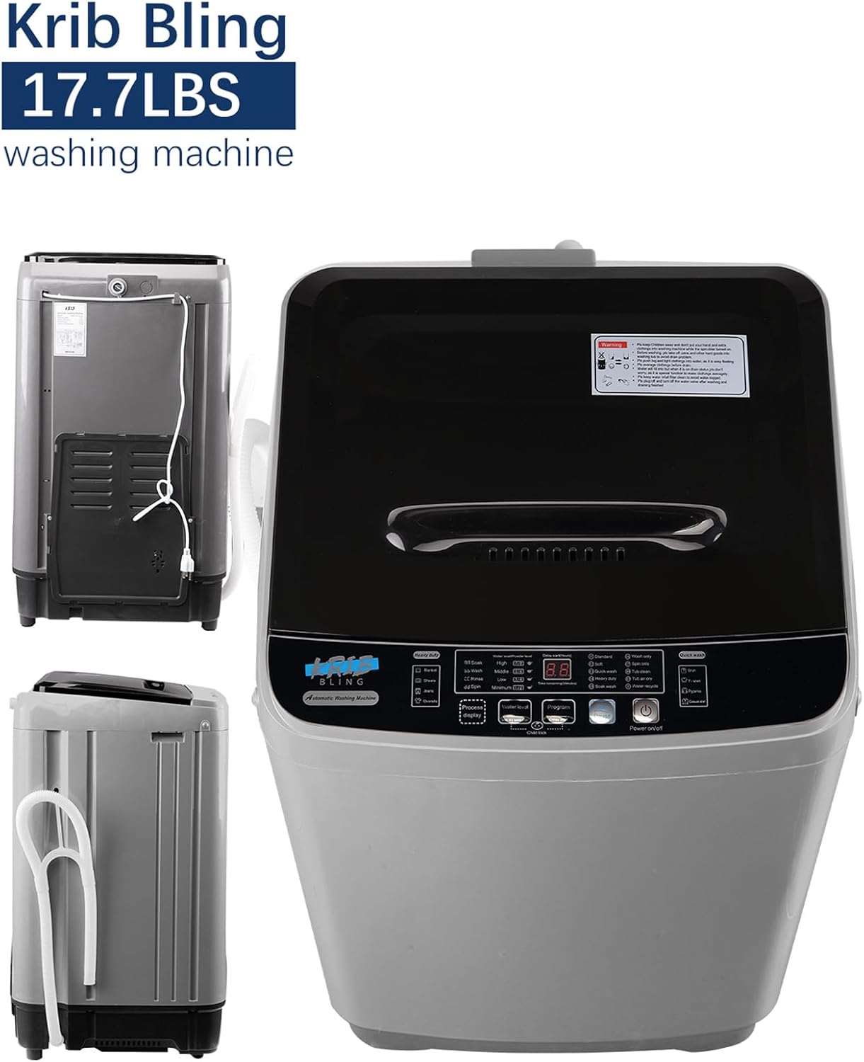 KRIB BLING 17.7 lbs Full Automatic Washing Machine with LED Display, lbs Portable Washer Drain Pump, 10 Programs & 8 Water Levels Selections, Ideal for RV, Kitchen Camping, Apartment, Dorm, Dark Grey