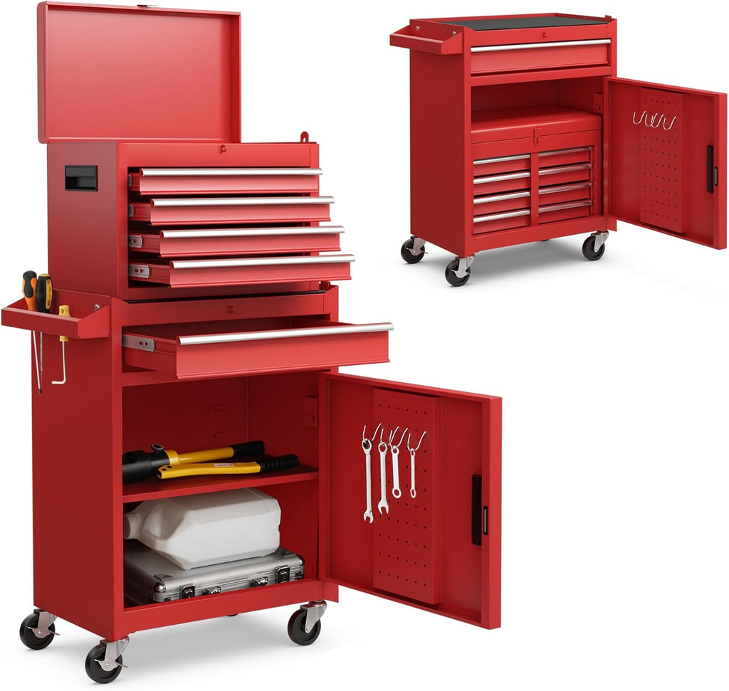 IRONMAX Rolling Tool Chest, 5-Drawer Lockable Tool Cabinet w/Adjustable Shelf & 4 Universal Wheels, 2 in 1 Detachable Tool Box Storage Organizer for Garage Workshop Repair Shop, Red