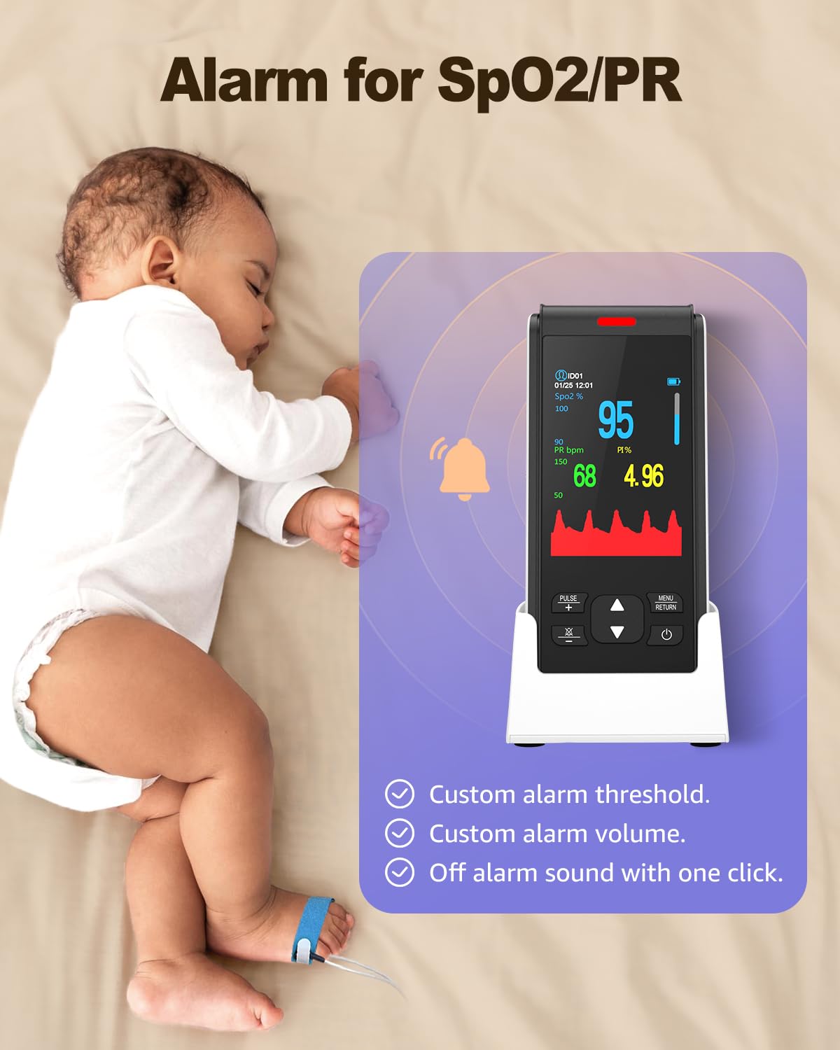Pulse Oximeter Fingertip Infant Pulse Oximeter for Kids Overnight Continuous Pulse Oximeter Rechargeable Baby Oxygen Monitor Handheld Pulse Ox for SpO2 and Pulse Rate Continuous Baby Monitoring