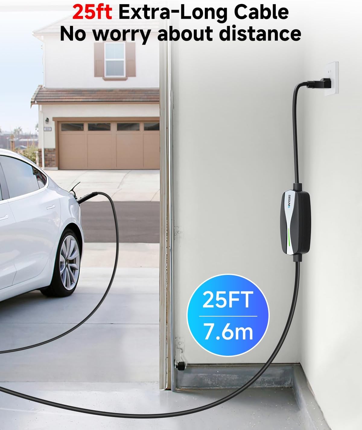 SEGUMA Level 1/2 Tesla Charger, ETL Certified 12A/16A, 25ft Cable, Dual Voltage 240V NEMA 6-20 Plug & 120V NEMA 5-15 Adapter, NACS Connector, Portable Home Electric Car EV Charger for Tesla Y/X/3/S