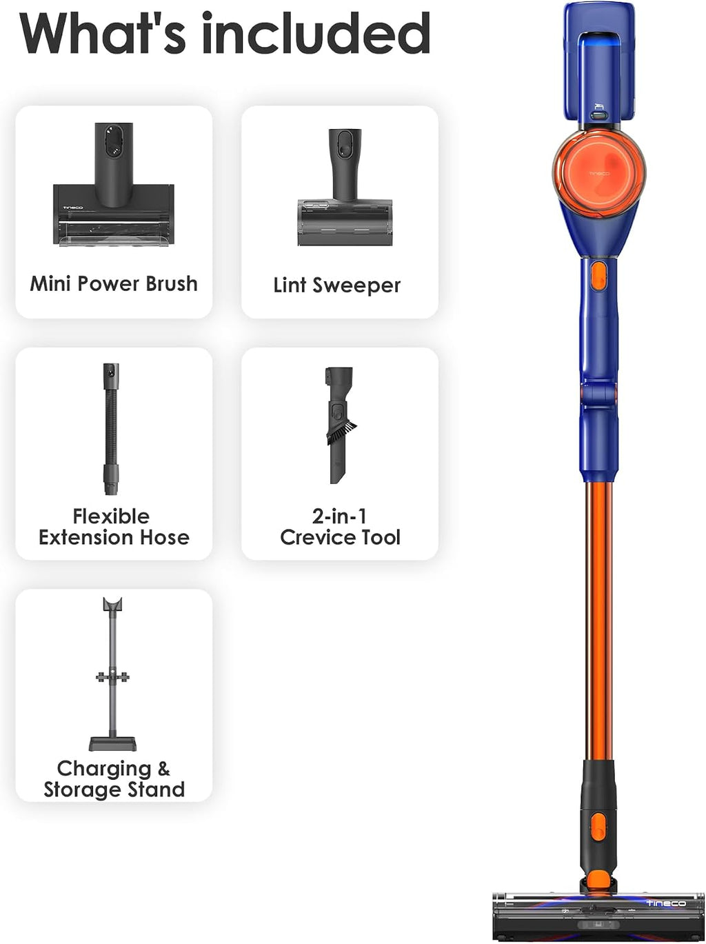 Tineco Pure ONE S70 Cordless Vacuum Cleaner, 200AW Powerful Suction, 3D Sense Pro Cleaning System, 6-Stage Filtration with 95min Runtime, Zero Tangle Brush with 180° Foldable Tube (Blue&Orange)