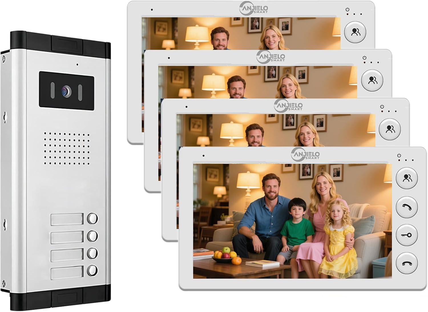 Wired Video Apartment Intercom System,2/3/4/5/6/8/10/12 Units Family 7 inch Monitor Video Door Phone Kit,Indoor Outdoor Video Doorbell,2 Way Audio for Home (1 Doorbell + 4 Monitor)