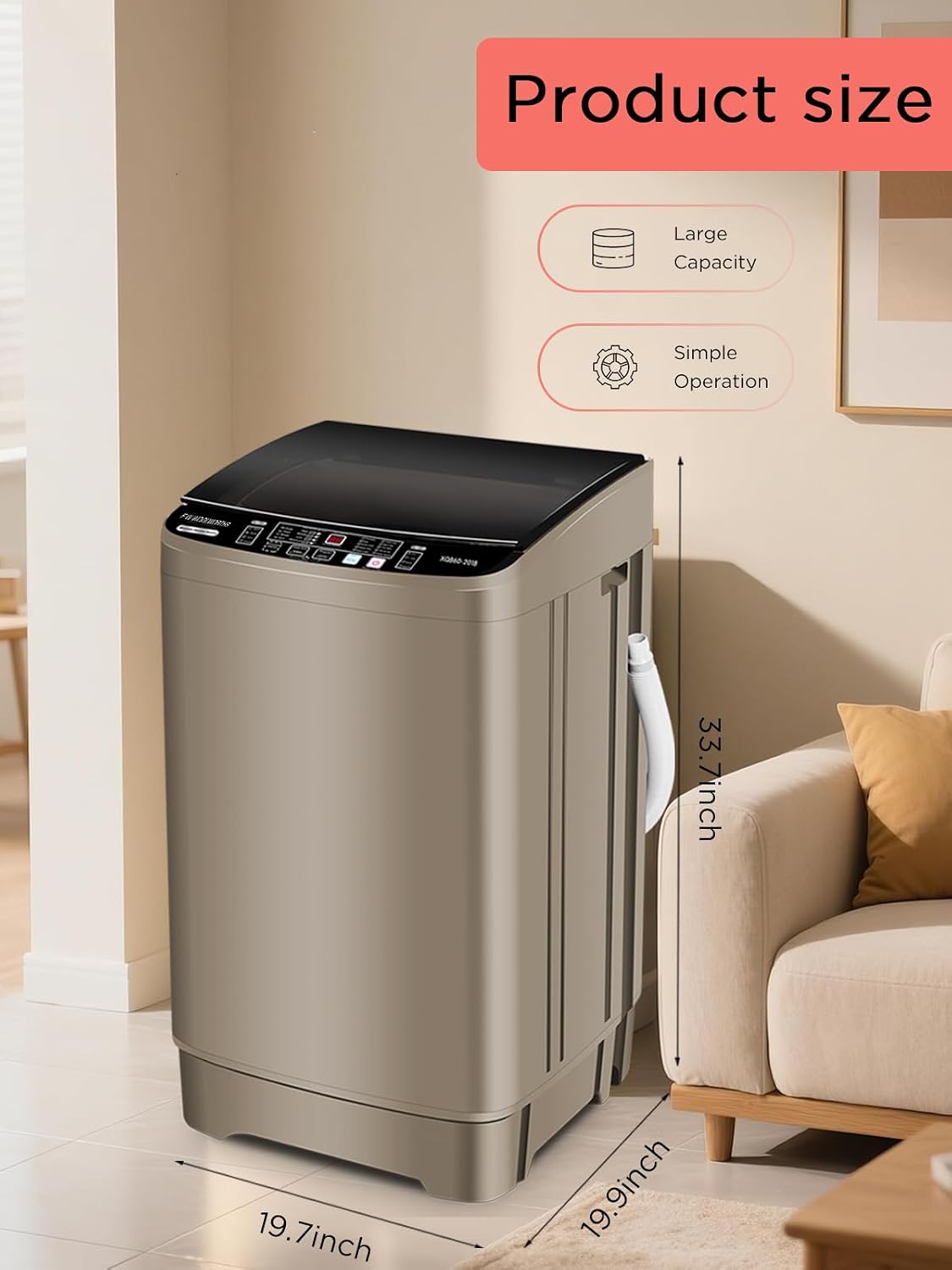 F.W.WOOLWORTHS 17.7 lbs Washing Machine with Drain Pump, Full Automatic Washer with 10 Wash Programs 8 Water Levels for Home, Apartment, RVs, Dorm, Glod