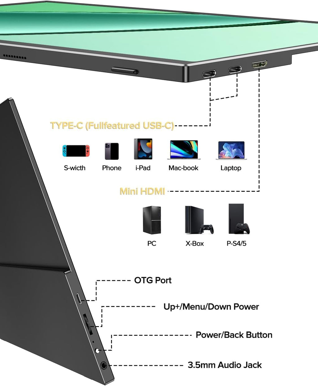 UPERFECT 4K Portable Monitor, 14.5' UHD 3840x2400 Laptop Display with Smart Cover, 16:10 Matte IPS Screen, 125% sRGB, 1.06 Billion Colors, 600 Nits Brightness, Metal Frame for PC/Mac/Phone