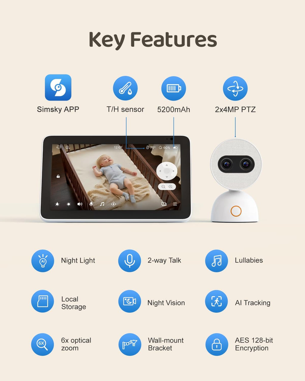 Simsky Baby Monitor with 2 Cameras, 7' UHD Split-Screen Touch Display | 4MP Dual Cameras with Wall Mount, 6X Zoom | AI Detection, App Remote Access, 32GB Local Storage, Hack-Proof Encryption