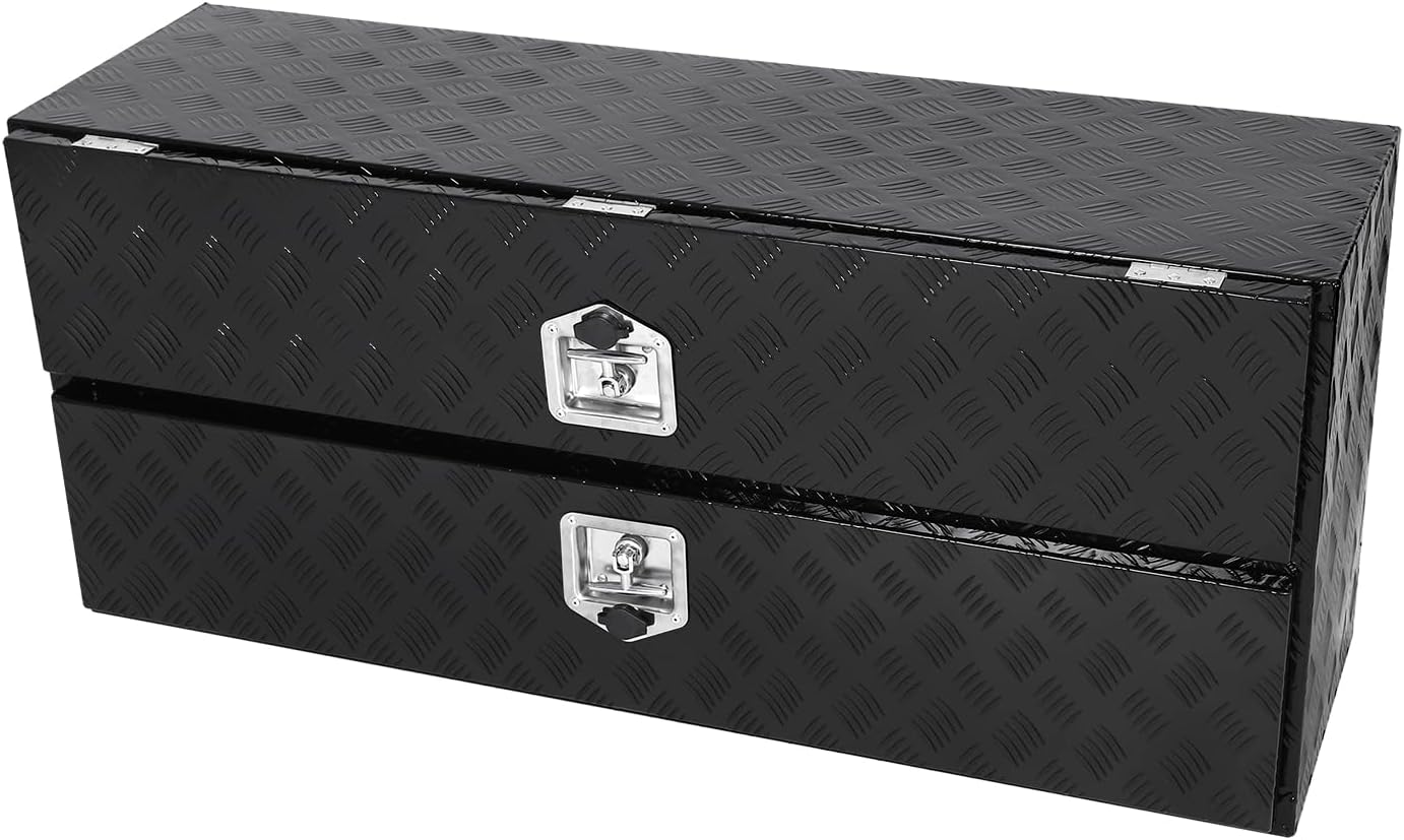 Aluminum Truck Tool Box w/Two Door,5 Bar Tread Truck Storage box w/Lock For Organization,Multifunction Black 48'x21'x15' Truck Toolboxes, For Truck,Trailer,RVs,Toolroom,Garage.
