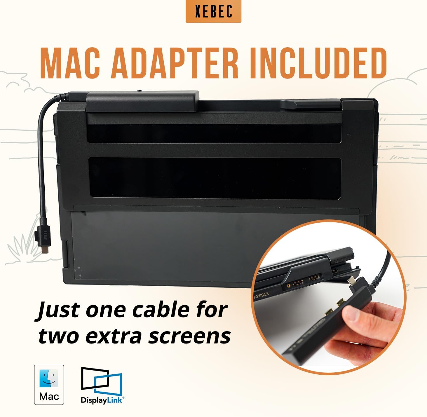 Xebec Tri-Screen 3 for Mac | Laptop Screen Extender with DisplayLink Adapter Included | Two 13.3 Inch Displays | Single Cable Connection | Portable Laptop Monitor for MacBook | Travel Case Included