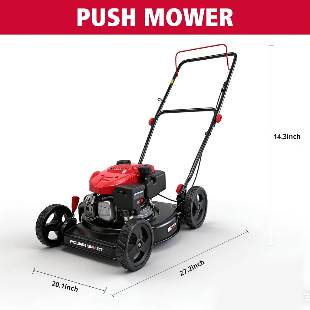 PowerSmart 18' 144CC Gas Lawn Mower, 5-Position Height Adjustment, Metal Deck, Foldable Design, Up to 1/4 Acre