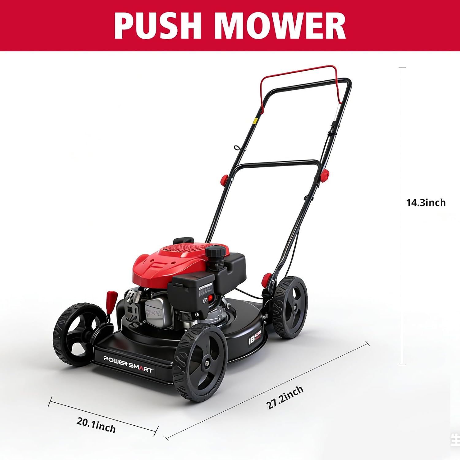 PowerSmart 18' 144CC Gas Lawn Mower, 5-Position Height Adjustment, Metal Deck, Foldable Design, Up to 1/4 Acre