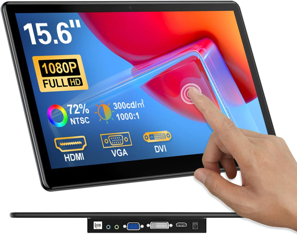 15.6' Portable Touchscreen Monitor, FHD 1920×1080 IPS Ra Pi Touch Screen Monitor for Laptop HDMI VGA DVI 10-Point Touchable Display VESA 75x75 Mountable for Laptops PC Pi POS Kiosk Home Industrial