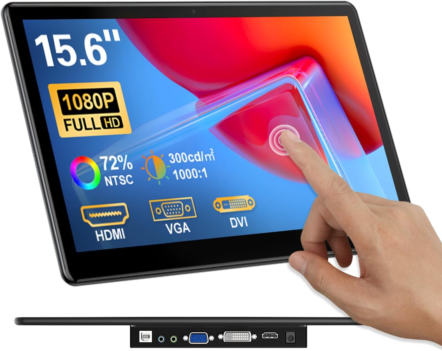 15.6' Portable Touchscreen Monitor, FHD 1920×1080 IPS Ra Pi Touch Screen Monitor for Laptop HDMI VGA DVI 10-Point Touchable Display VESA 75x75 Mountable for Laptops PC Pi POS Kiosk Home Industrial