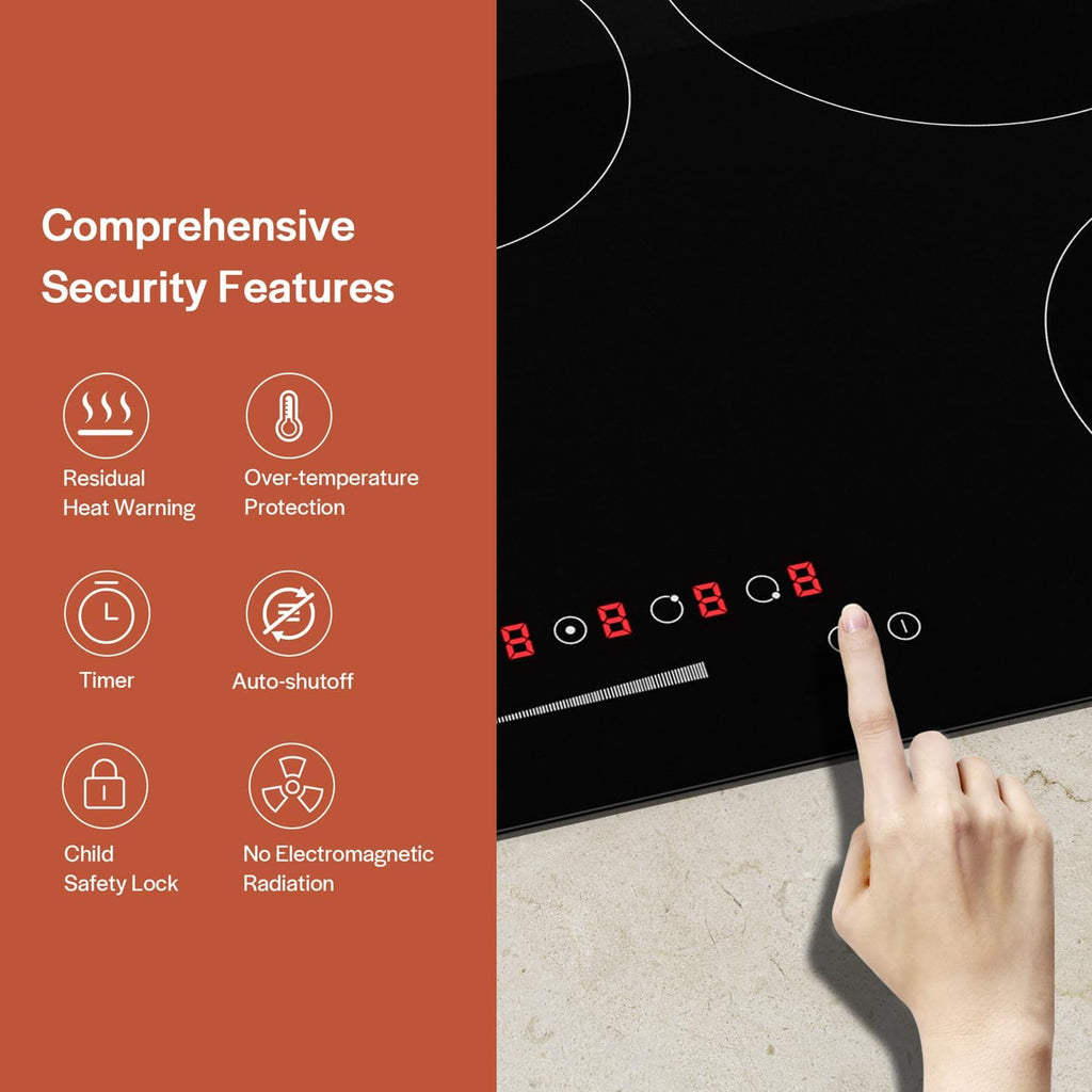 Empava 30 inch Electric Cooktop,Built in Radiant Ceramic Stove,5 Burners Including Dual Element and Warm Zone, 7200W, 220-240V Hard Wire, No Plug, ETL Certified