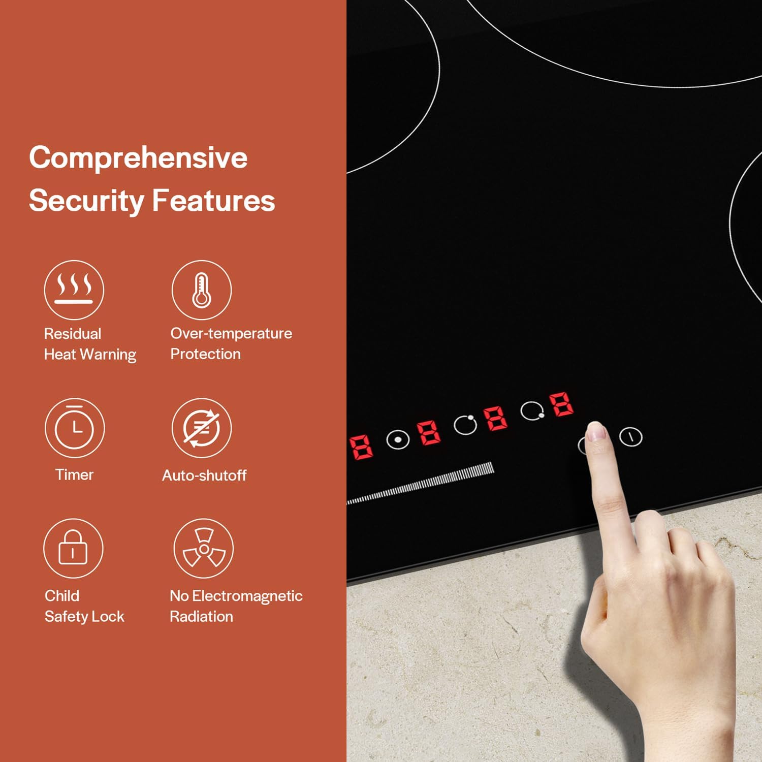 Empava 30 inch Electric Cooktop,Built in Radiant Ceramic Stove,5 Burners Including Dual Element and Warm Zone, 7200W, 220-240V Hard Wire, No Plug, ETL Certified