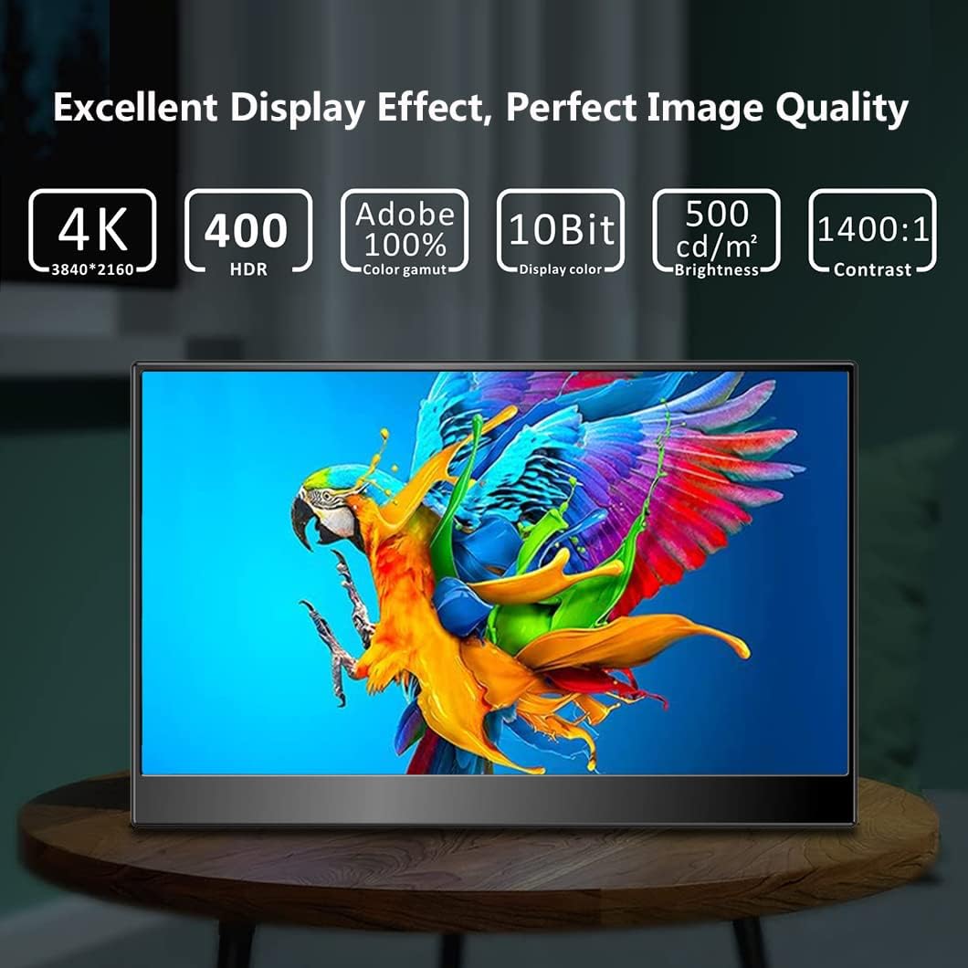 4k Portable Monitor, 14 Inch Portable Monitor USB C, 10-Bit Adobe 95% HDR Game Display with USB C/HDMI/Mini DP Compatible with Laptop/Game Console/PC/Surface