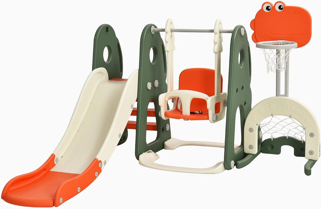 Costzon 6 in 1 Toddler Slide and Swing Set, Kids Large Climber Slide Playset with Basketball Hoop, Football Gate and Golf Hole, Playground Swing Set for Indoor Outdoor Backyard 2-12 Gifts Presents