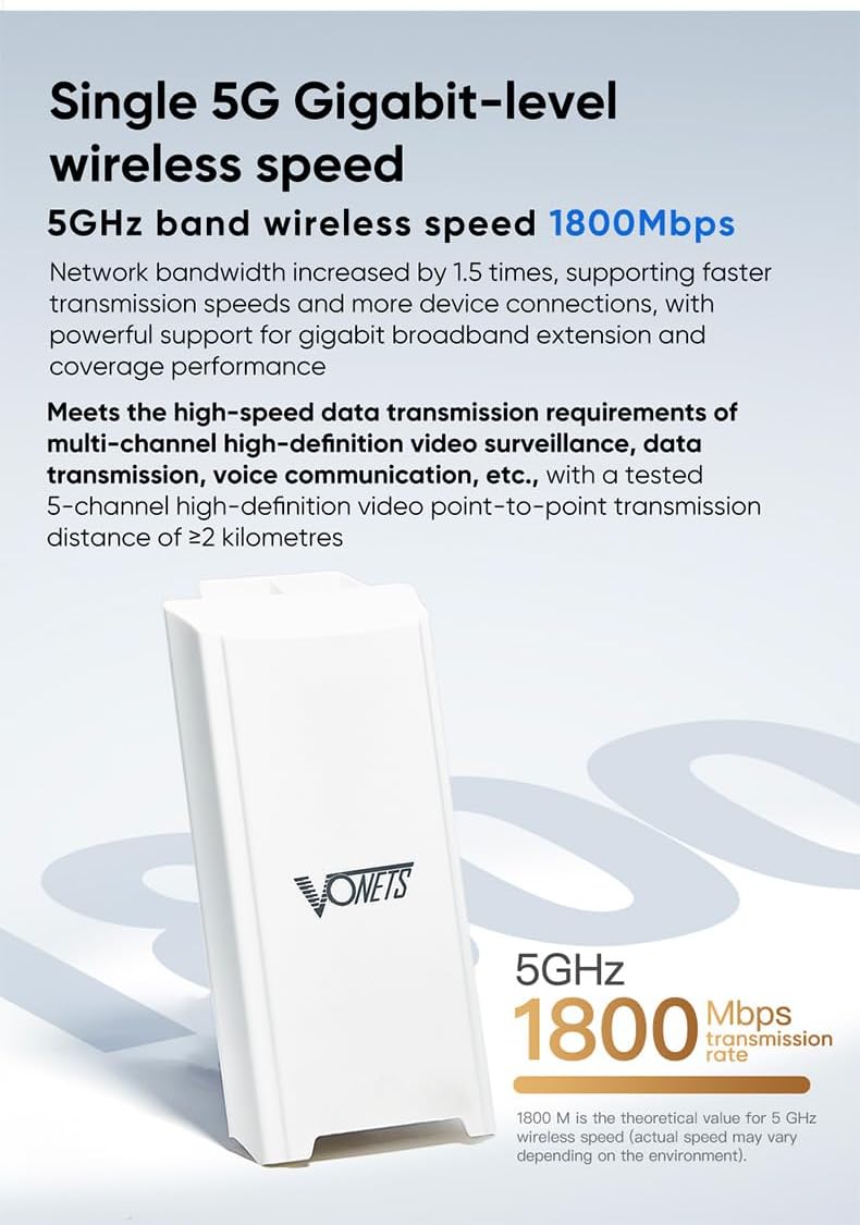 VONETS Outdoor Gigabit Wireless Bridge WiFi Router, Point to Point Long Range WiFi Extender, Wireless Access Points, PoE High Power, Waterproof, for Surveillance Camera, Farm, 1 Pair VBGO-5G