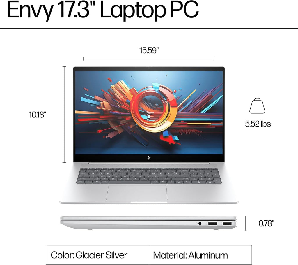 HP Envy 17.3' Touchscreen Laptop Computer - 32GB RAM | 1TB SSD, Intel Core Ultra 7 155H Processor(10Core), 16:10 FHD Display, Wi-Fi 7, Backlit KB, Numeric Keypad, Win 11 Pro for Business, Student