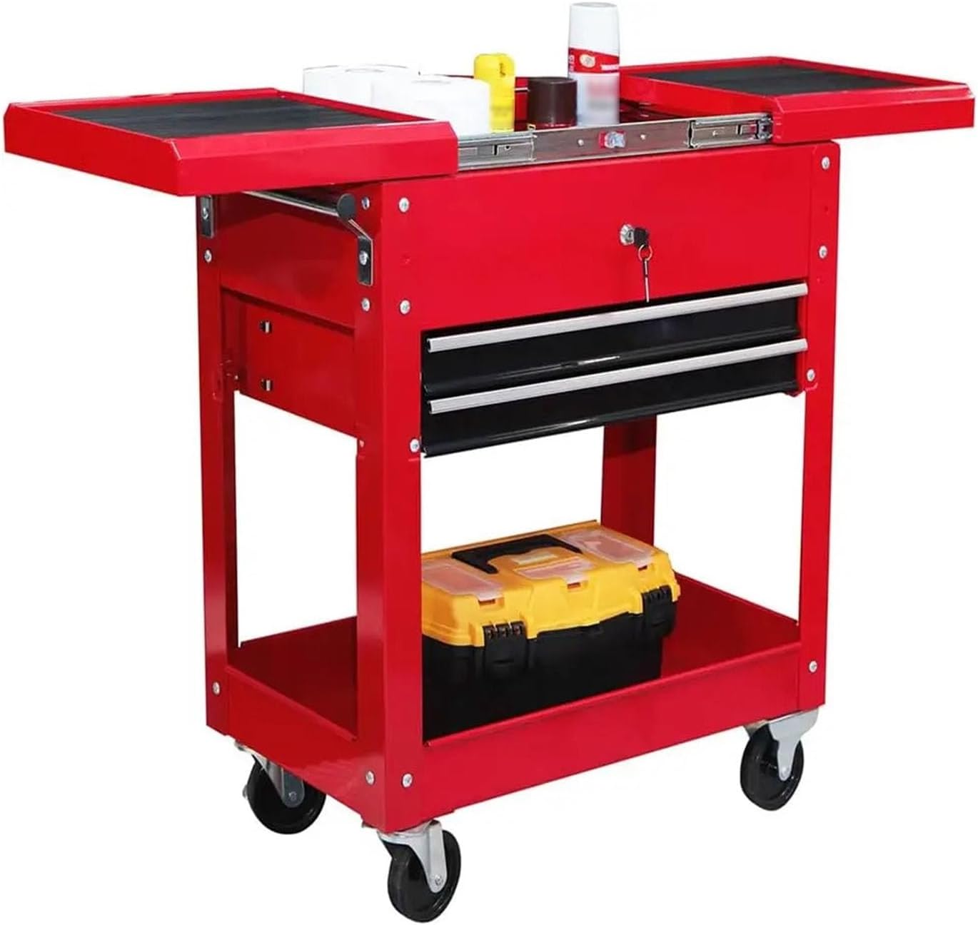 Toolbox Rolling Garage Workshop Tool Organizer with Directional Wheels, 2 Drawer Tool Chest Tray with Top Work Surface and Storage Push Cart Tool Box