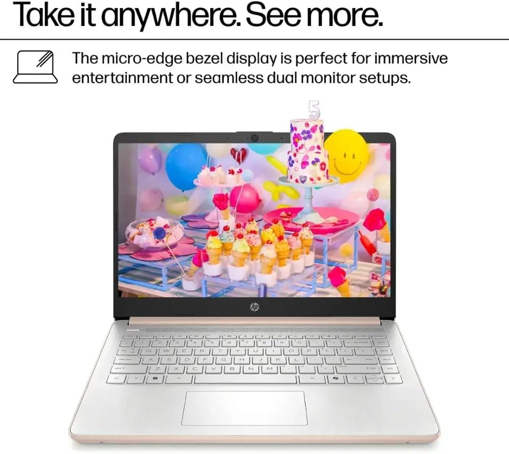 HP Ultra Thin 14' Laptop with Copilot, Intel N150, 8GB RAM, 384GB(128GB eMMC+256GB SD Card) • HUB • Mouse, Windows 11 Pro, 1-Year Office 365, Lightweight Rose Gold Notebook for Work & School