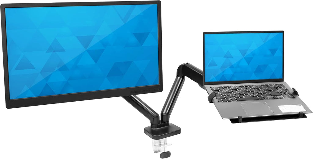 Mount-It! Monitor and Laptop Desk Mount, Height Adjustable Dual Arm Stand with Vented Laptop Tray, Fits Laptops up to 17 Inch and 13–27 Inch Monitors, VESA 75x75 & 100x100, Clamp or Grommet Mount