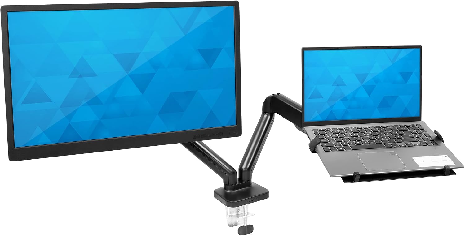 Mount-It! Monitor and Laptop Desk Mount, Height Adjustable Dual Arm Stand with Vented Laptop Tray, Fits Laptops up to 17 Inch and 13–27 Inch Monitors, VESA 75x75 & 100x100, Clamp or Grommet Mount