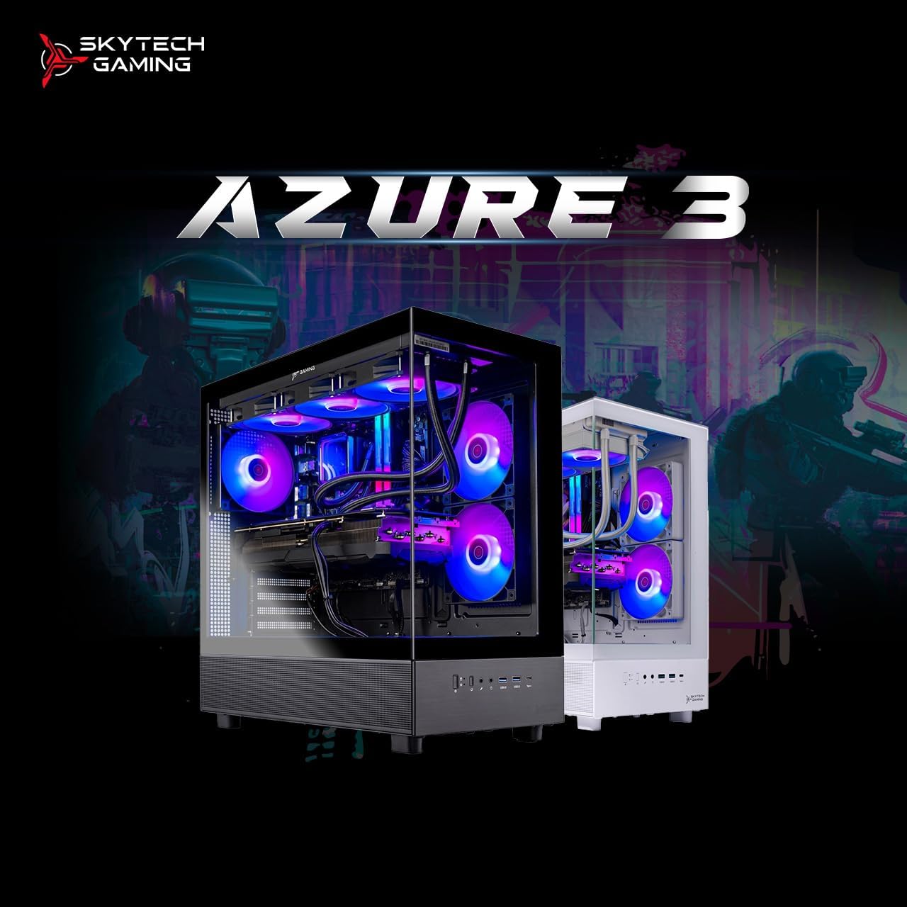 Skytech Gaming Azure 3 Desktop PC, Ryzen 7 9700X 3.8 GHz (5.5GHz), NVIDIA RTX 4060 8GB, 2TB NVMe SSD, 32GB DDR5 RAM 6000 RGB, 650W Gold PSU, 360mm ARGB AIO, Wi-Fi, Win 11