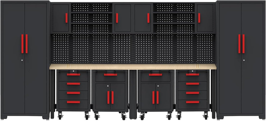 Garage Storage Cabinet System - 2 * 6-Pcs Workshop Set with Steel Cabinet Drawers, Rolling Chest, Workbench, Pegboard for Tool Organization