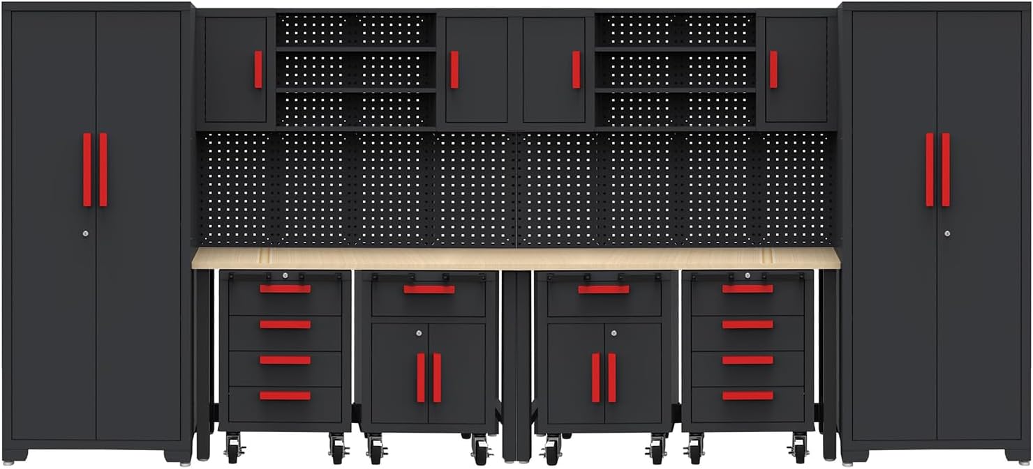 Garage Storage Cabinet System - 2 * 6-Pcs Workshop Set with Steel Cabinet Drawers, Rolling Chest, Workbench, Pegboard for Tool Organization
