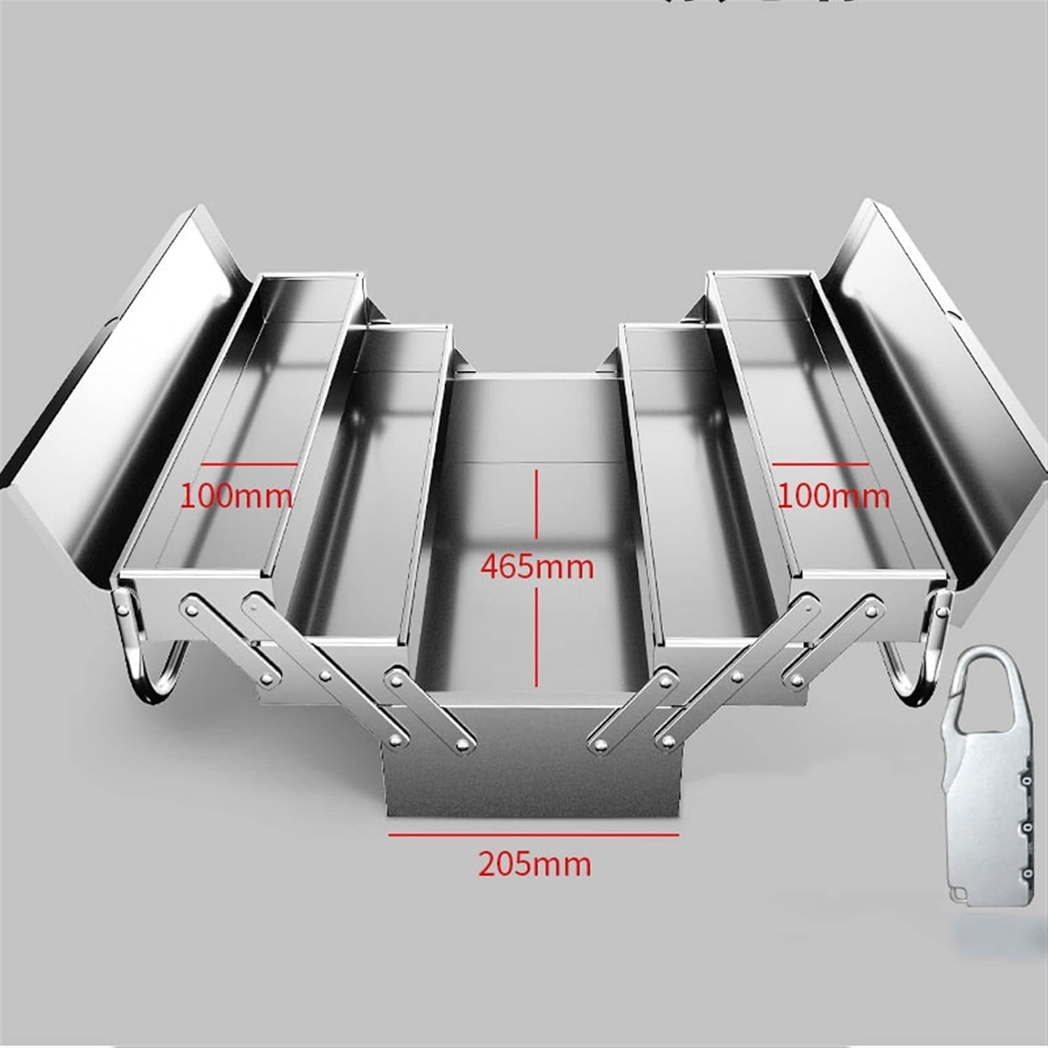Portable Tool Box Portable 3 Tier Tool Box, Stainless Steel Storage Tool Box Organizer with Metal Lock, Heavy Duty Steel Tool Box Small Parts Box (Size : Large)