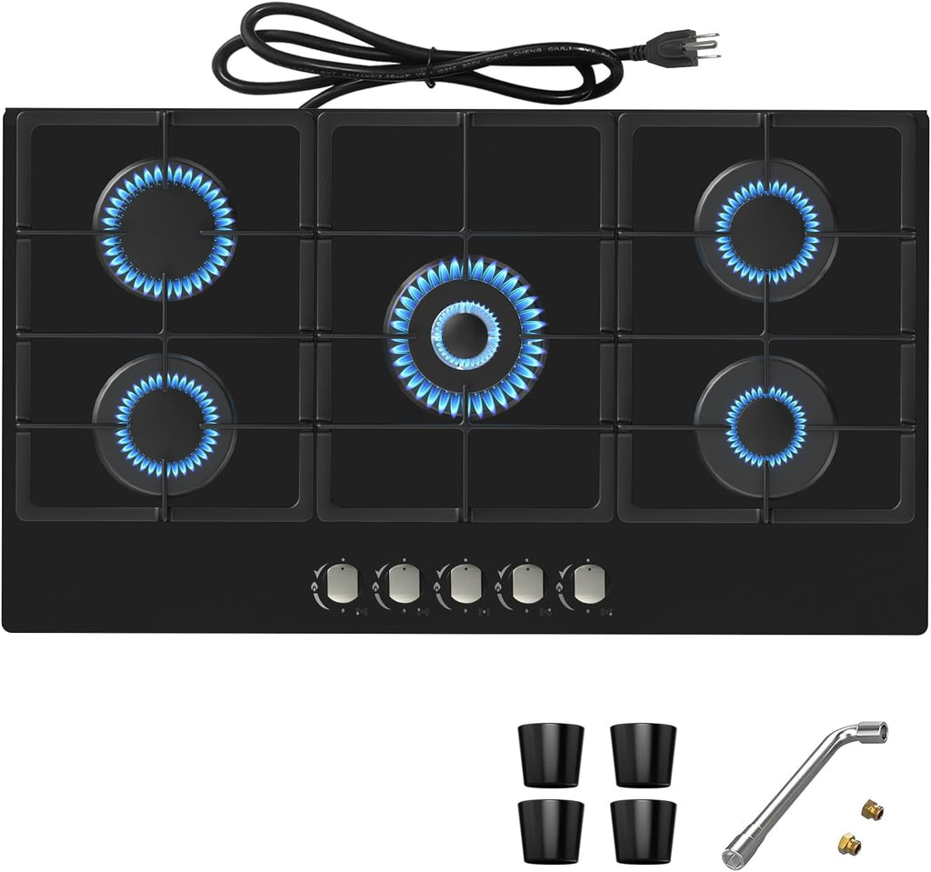 36 Inch Gas Cooktop Propane Stove, 5 Burner Built-in Gas Stove Top with Tempered Glass Panel, NG/LPG Dual Fuel Auto Ignition Propane Cooktop with Thermocouple Protection
