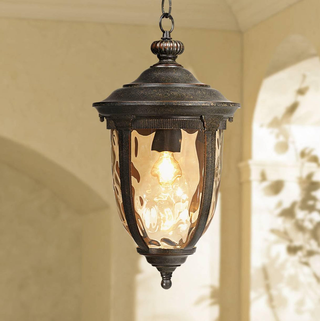 John Timberland Bellagio European Outdoor Ceiling Light Hanging Bronze Brown 18' Champagne Hammered Glass Damp Rated for Exterior House Porch Patio Outside Deck Garage Front Door Garden Home