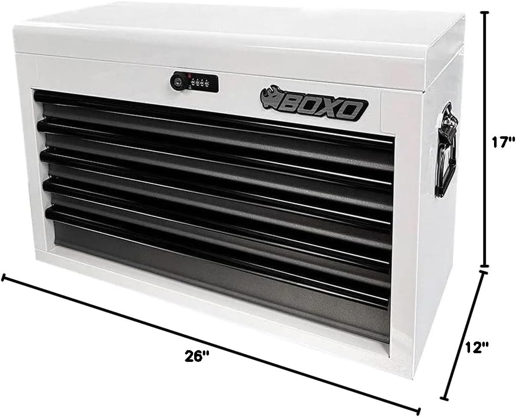 BOXO USA Heavy Duty 26' Toolbox 103 Piece MotoBox Locking Tool Set with 5 Drawers Carry Box (White)